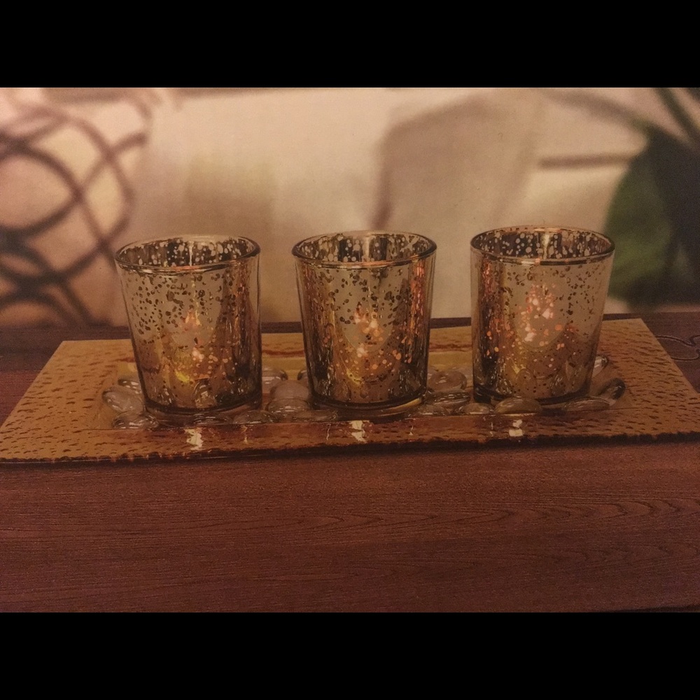 3 Piece Metallic Gold Glass Candle Holder Set
